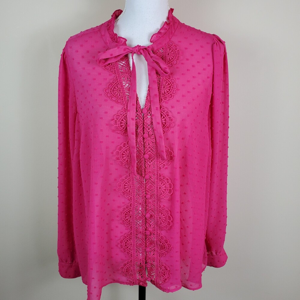 Torrid Womens Top 1X Pink Sheer Ruffle Neck Tie Front Textured Dot Blouse Shirt